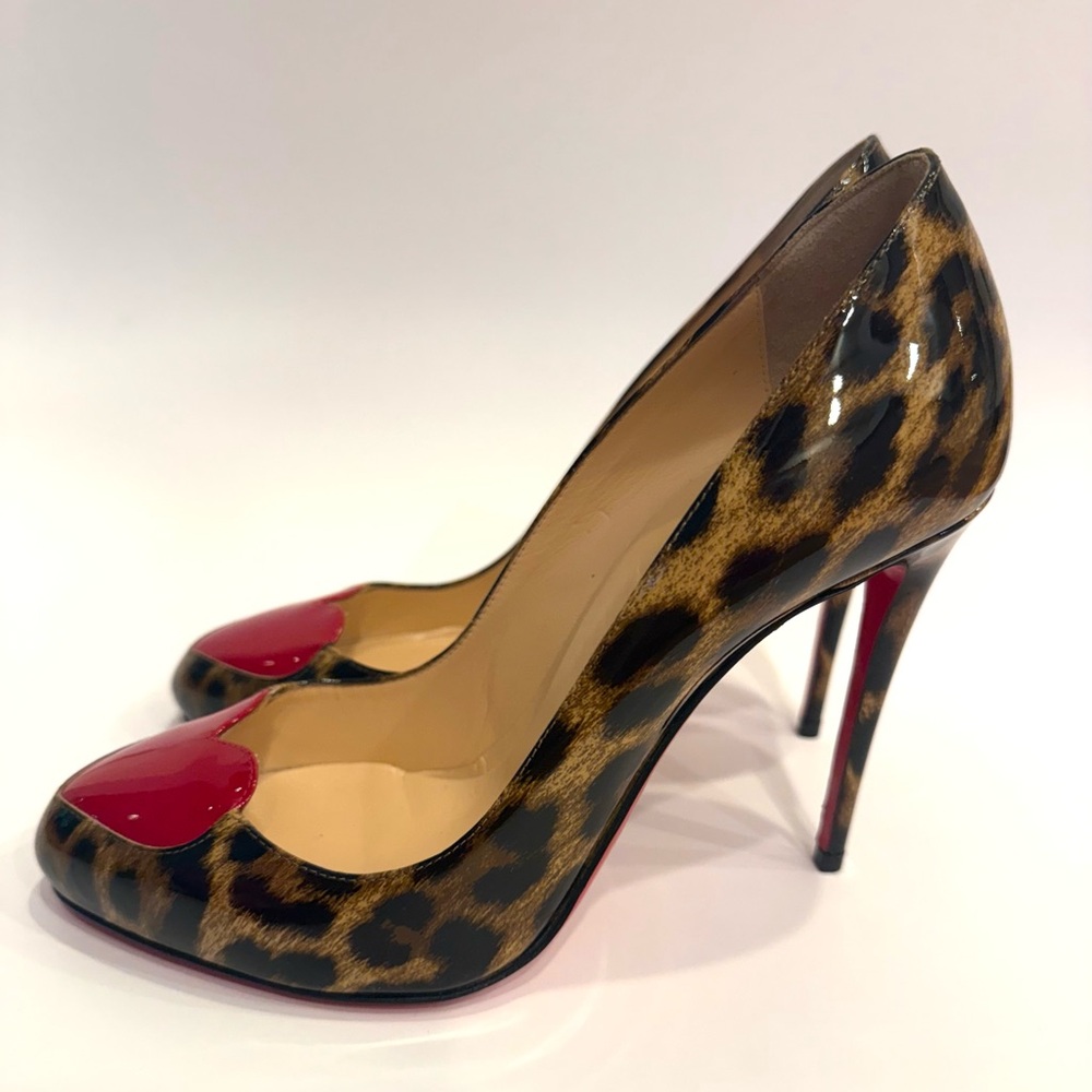 Christian Louboutin Leopard Print Heels with Red Heart 37 1/2 - Picture 3 of 9